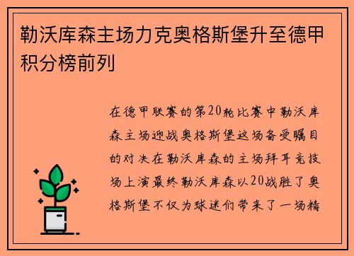 勒沃库森主场力克奥格斯堡升至德甲积分榜前列